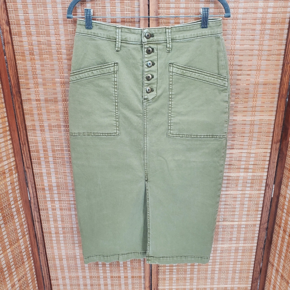 ♧ Anthropologie Army Green Button Fly Denim Midi Pencil Skirt Size 6